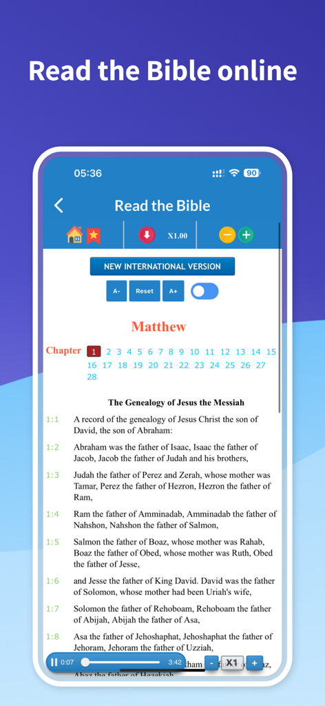 Holy Bible NIV - Audio & Verse - Una pantalla móvil que muestra la interfaz de lectura de la aplicación Santa Biblia NIV con el Libro de Mateo y los controles del reproductor de audio.