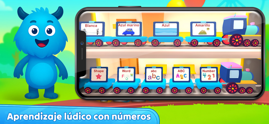 Foxie - Spanish Fun & Learn - おもちゃの電車と青いモンスターのマスコットで、子供たちがスペイン語の色と語彙を学ぶための教育ゲームインターフェース