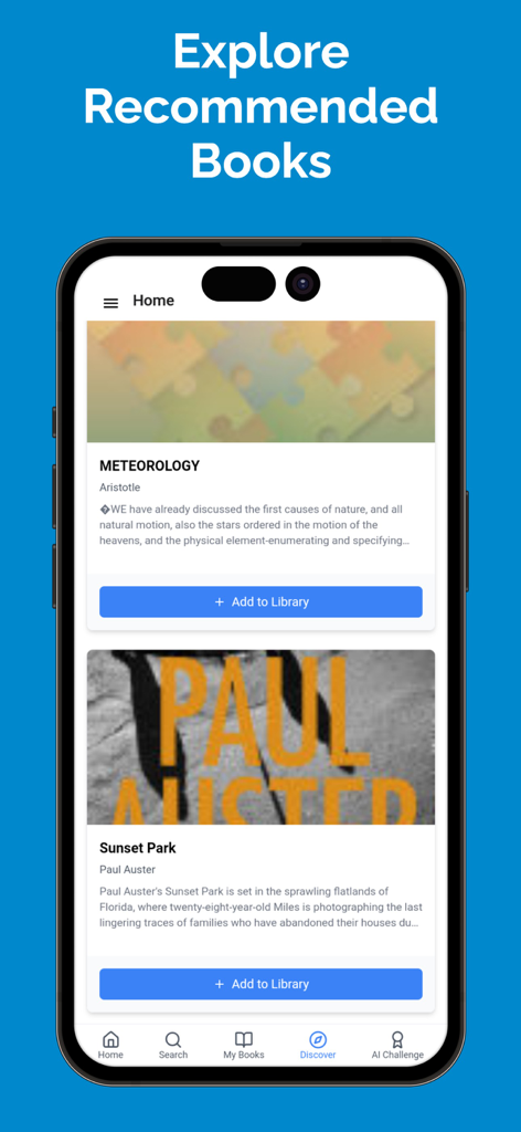 Bookshelf Book Tracker - Pantalla de smartphone que muestra recomendaciones de libros personalizadas en la interfaz de la aplicación Bookshelf Book Tracker.