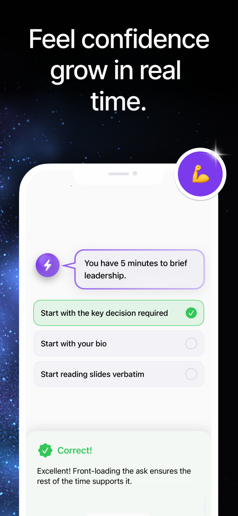 Skillbase AI Soft Skills Coach - Tela do aplicativo Skillbase AI Soft Skills Coach mostrando um questionário de cenário de liderança com feedback em tempo real