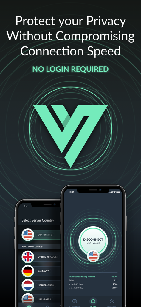 Proxy VPN· for iPhone & iPad - Screenshot of Proxy VPN for iPhone showing privacy protection features and server selection