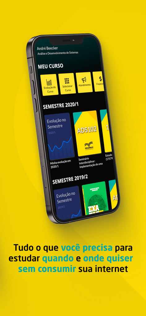 A smartphone displaying the UNIASSELVI Leo App interface with course progress and academic subjects on a yellow background.