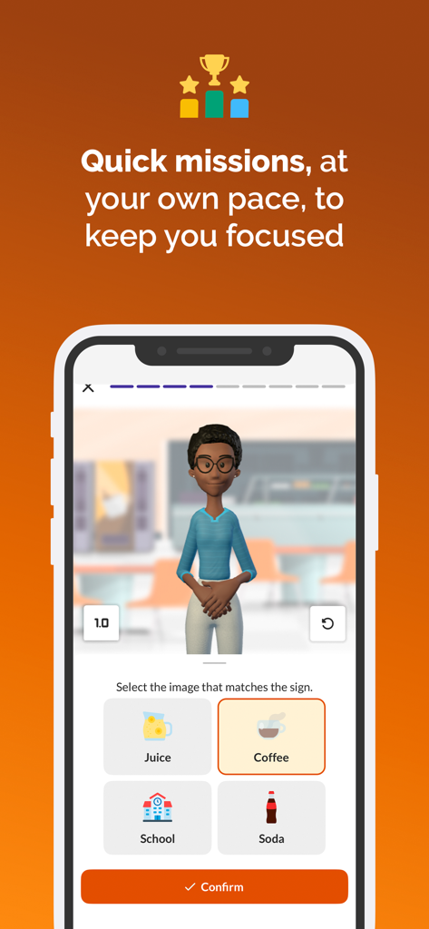 Hand Talk app showing a gamified sign language lesson with a 3D avatar and multiple choice options.