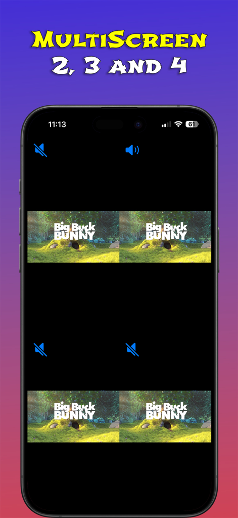 Interface de la fonction multi-écran de l'application Xtream IPTV Click affichant quatre flux vidéo simultanés sur un iPhone.