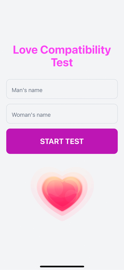 Mobile App-Oberfläche für Liebeskompatibilitäts-Test mit Eingabefeldern für Namen und einer Start-Schaltfläche