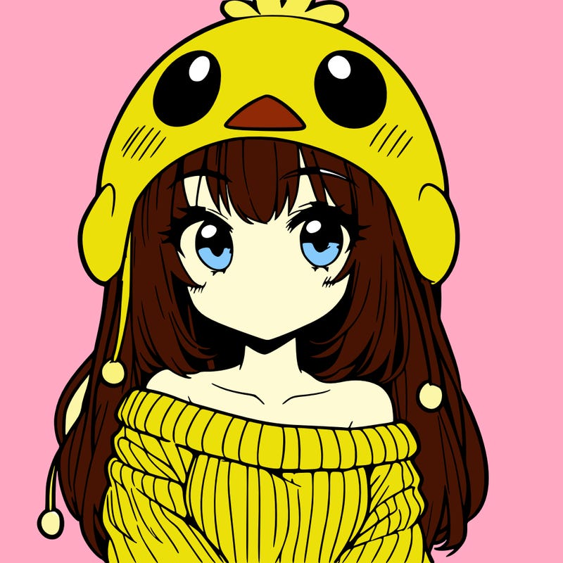 anime girl with chick shaped hat with sweater with bare shoulders with bangs covering them one eye with low tail