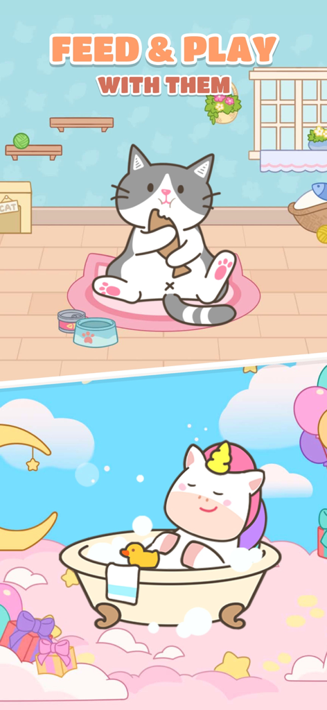 Pet Pal Paw - A cartoon cat eating a fish and a unicorn taking a bubble bath in the Pet Pal Paw virtual pet game.