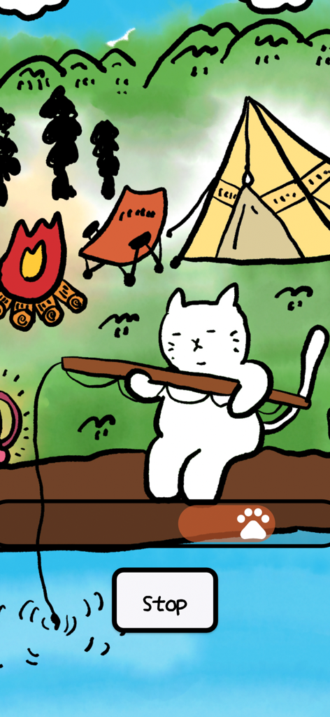 Un gato blanco dibujado a mano pescando en un tronco en un campamento con una tienda amarilla y una fogata.