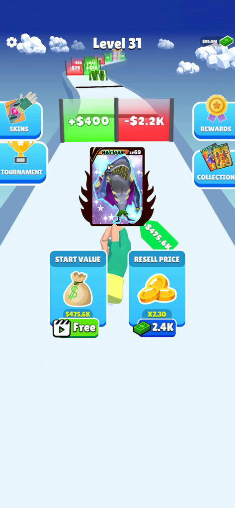 Card Evolution TCG runner gameplay showing a shark card passing through value gates