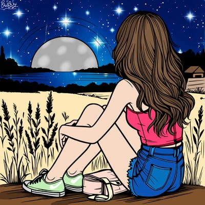 realistic girl sitting and watching the sunset