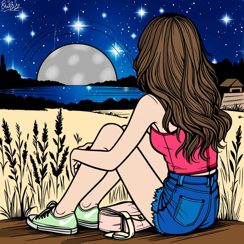 realistic girl sitting and watching the sunset