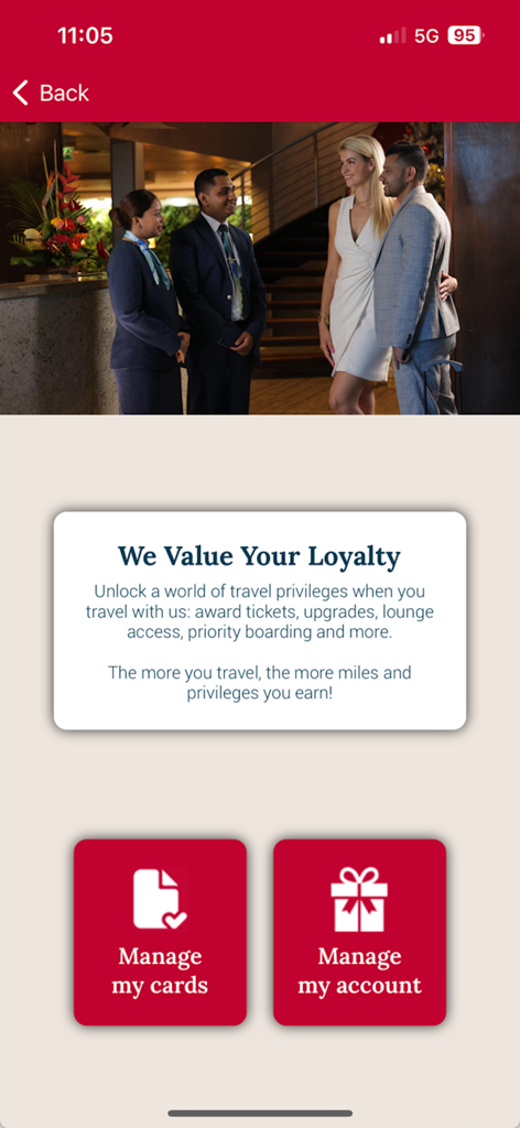 Air Mauritius app screen for loyalty program rewards and account management