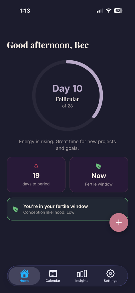 Bloom - Period & Pregnancy - Bloom App Startbildschirm zeigt Follikelphase Tag 10 und fruchtbares Fensterstatus