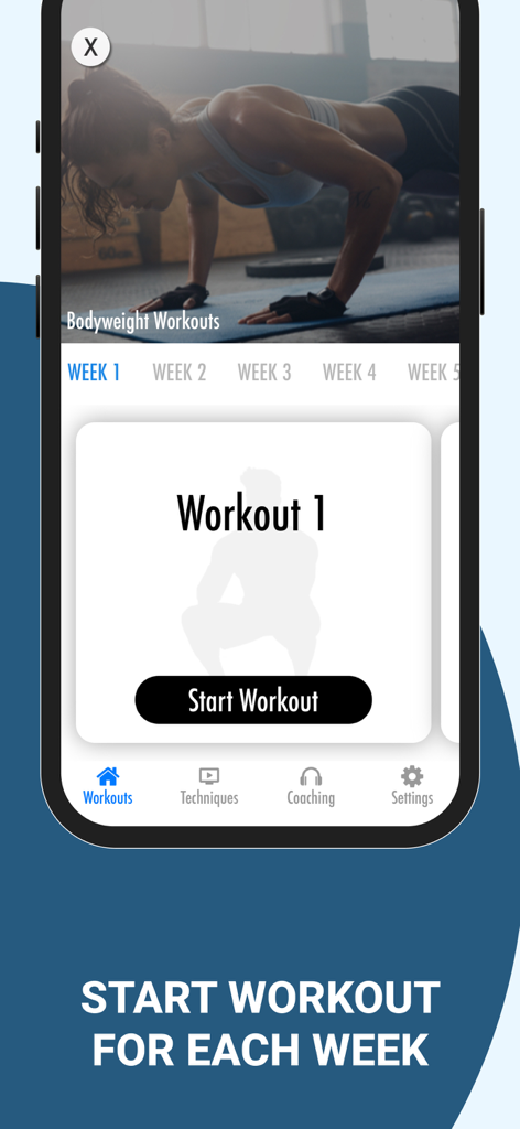 Bodyweight Workouts at Home - Bodyweight Workouts at Home app showing a weekly workout plan with a start workout button and push up demonstration.
