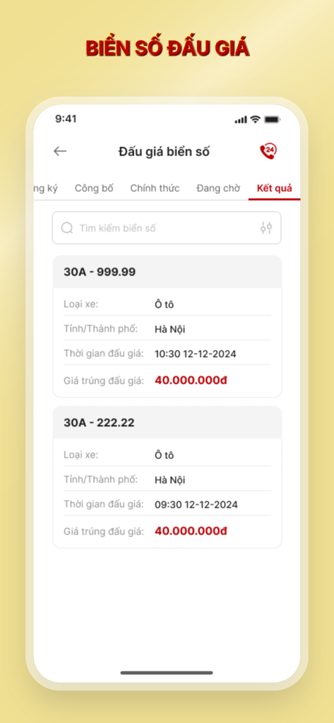 VNeTraffic - VNeTraffic mobile app screen showing results for Vietnamese vehicle license plate auctions