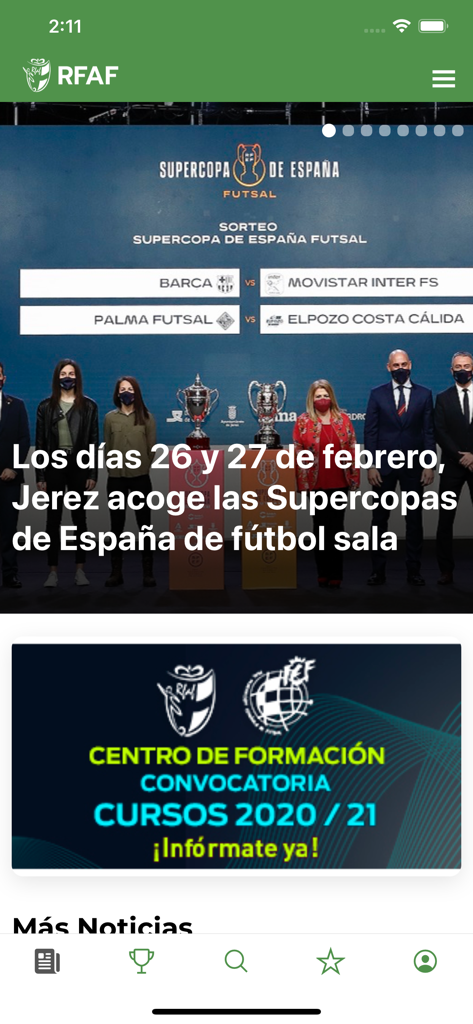 RFAF APP - RFAFモバイルアプリのインターフェース、フットボールニュースとフットサルスーパーカップの発表を表示