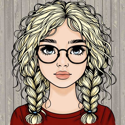 realistic girl with glasses and frizzy hair in braids