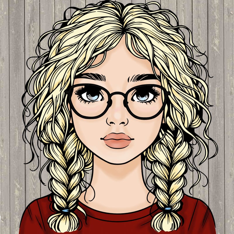 realistic girl with glasses and frizzy hair in braids
