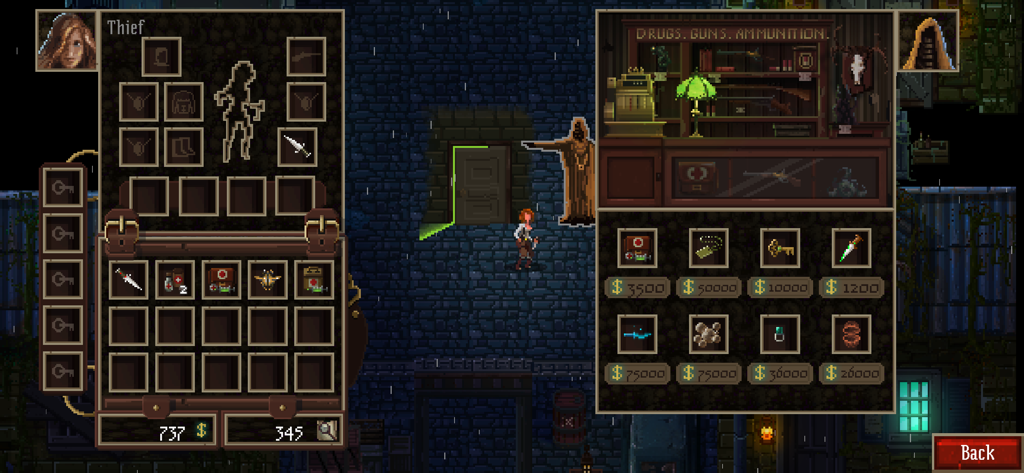 Pixel art inventory and item shop interface for the Thief character in Lovecrafts Untold Stories.