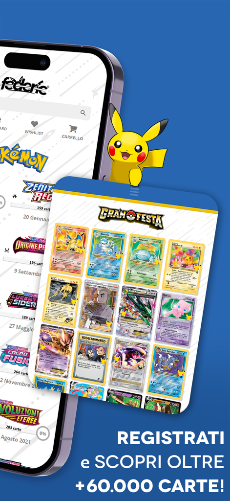 Federicstore - Federicstore mobile app screen showcasing a large collection of pokemon cards and a Pikachu character