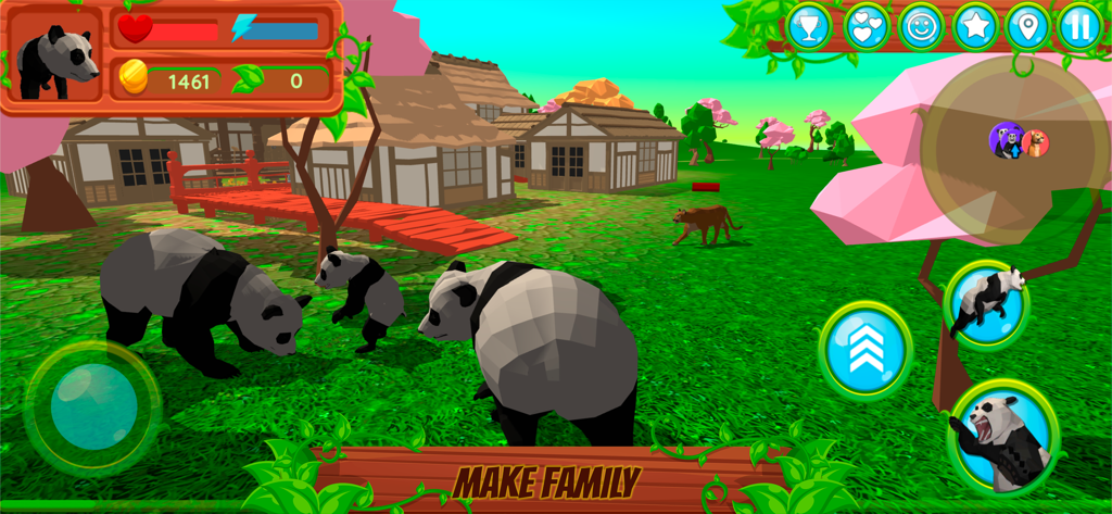 Captura de tela do jogo Panda Simulator mostrando uma família de pandas em uma aldeia em mundo aberto com controles de jogo