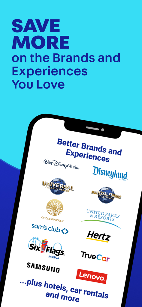 TicketsatWork: Employee Perks - TicketsatWork app screen showing discount partners including Disney, Universal, Samsung, and Hertz.