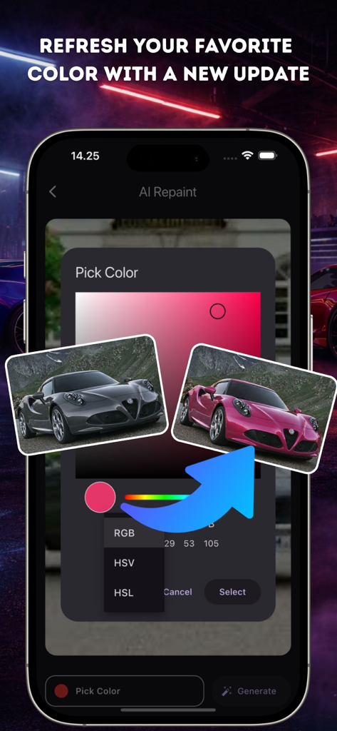 Car Color Editor Ai Repaint - Interfaz de la aplicación Car Color Editor AI mostrando un selector de color y un coche transformándose de gris a rosa