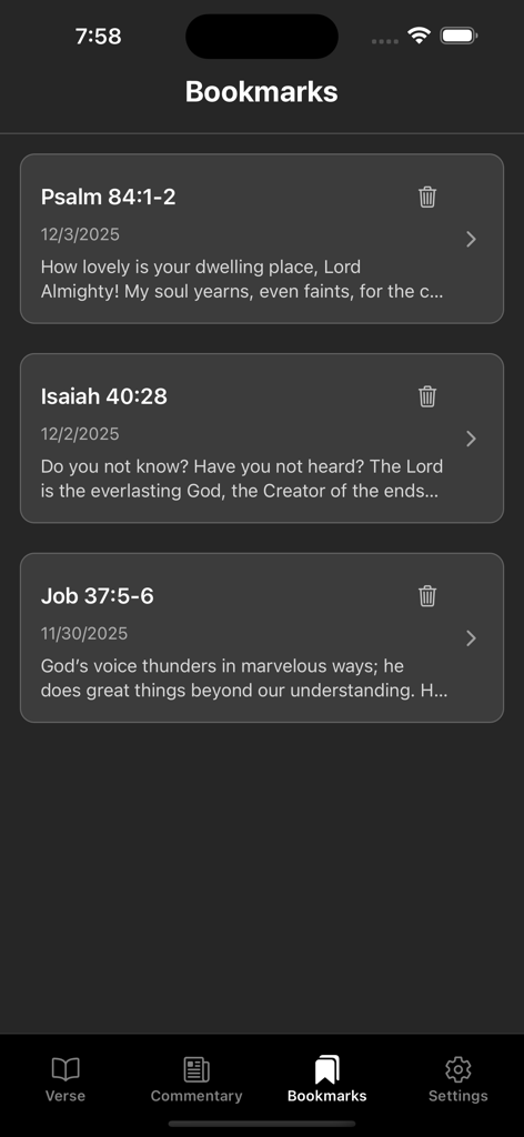 Verse-A-Day Daily Bible Verses - Una lista de versículos bíblicos guardados en la sección de marcadores de la aplicación Verse-A-Day