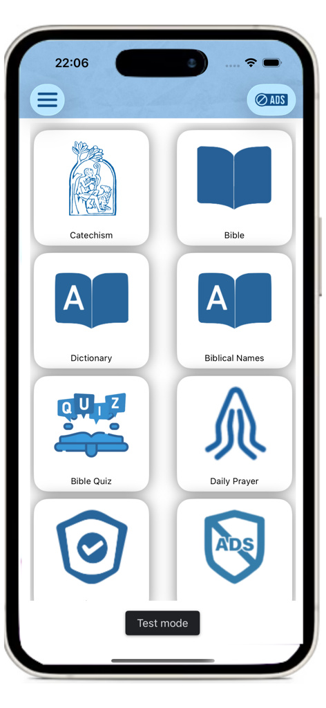 Catechism of the Catholic - Main menu of the Catholic Catechism app featuring icons for Catechism Bible Dictionary Biblical Names and Quiz