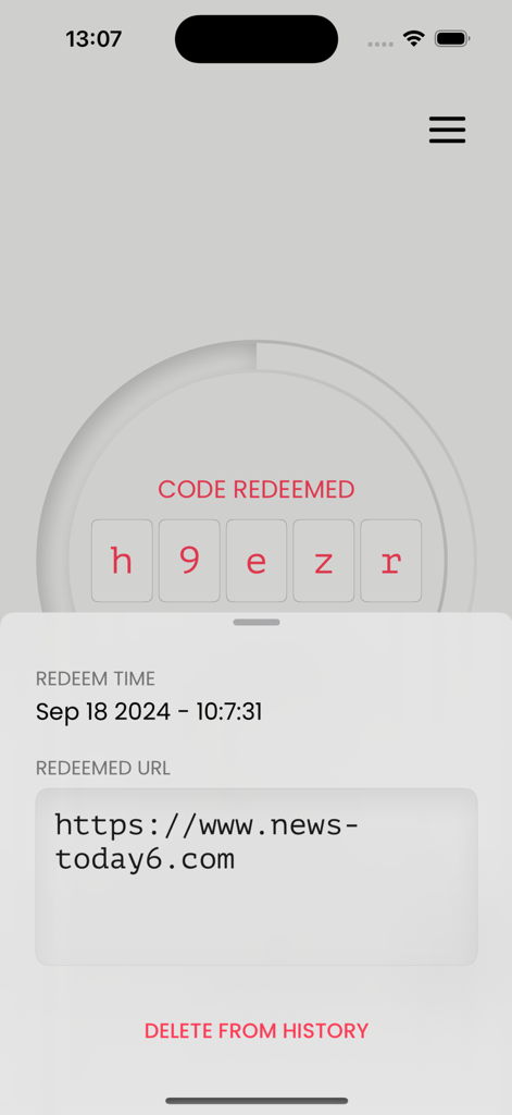 Unlock-r app interface showing a redeemed security code with timestamp and URL details