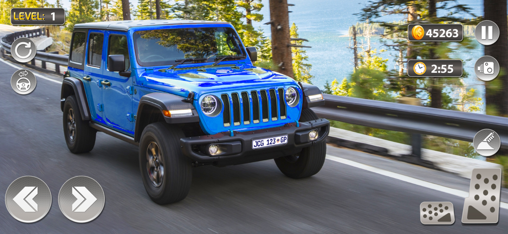 A blue 4x4 SUV driving on a mountain road near a lake in the Car Simulator 2025 mobile game