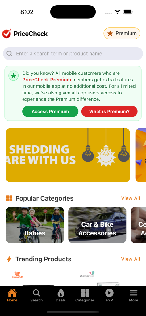 PriceCheck app home screen with search bar popular categories and trending product sections