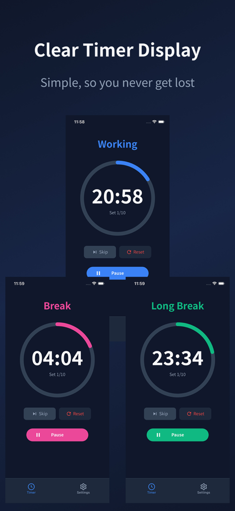 pomo - Pomodoro Focus Timer - Drei mobile Bildschirme der pomo App, die minimalistische Countdown-Timer für Arbeit, kurze Pausen und lange Pausen im Dark Mode zeigen