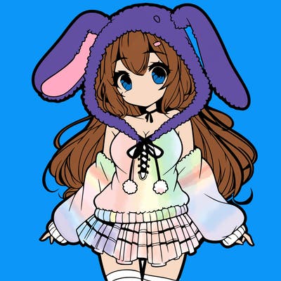 pretty anime girl wearing a fluffy hoodie with bunny ears on the hood and a skirt