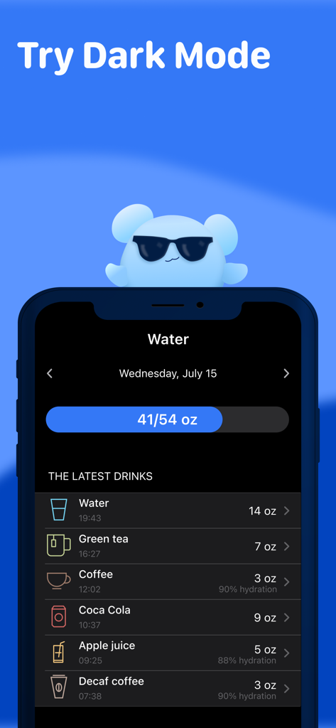 Water Tracker app displaying daily hydration progress and beverage history in a dark mode interface.