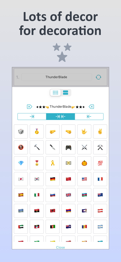 FF: Nickname Generator - A menu of symbols and flags in the FF Nickname Generator app for customizing gaming nicknames with decorations