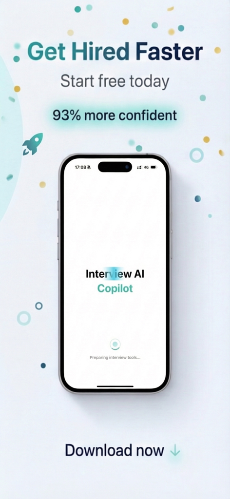 Interview AI Copilot: IT Buddy - Promotional screen for Interview AI Copilot app featuring the slogan Get Hired Faster and an iPhone displaying the app loading screen.