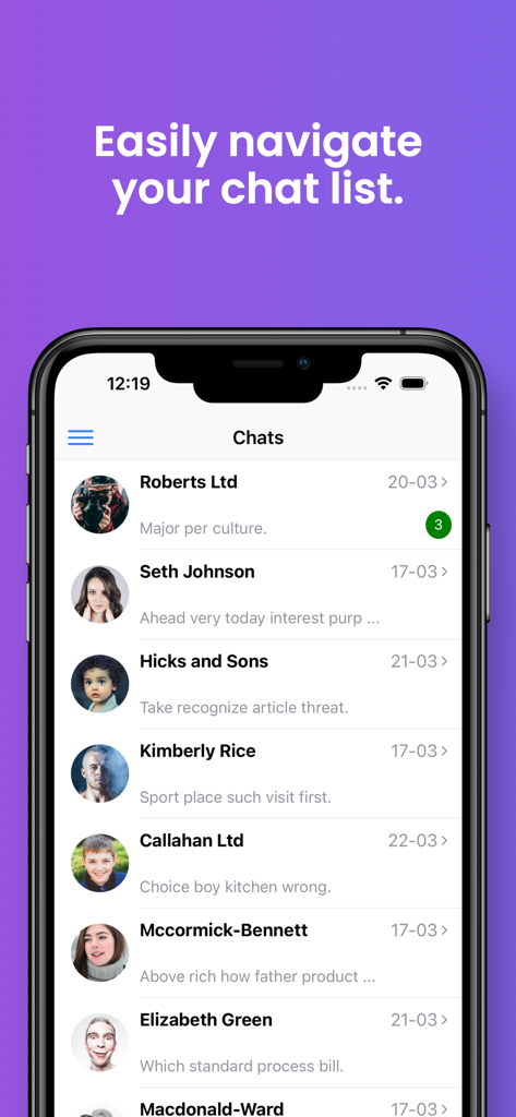 グローバルチャット翻訳内のチャット会話リストを表示するモバイルアプリのインターフェース。