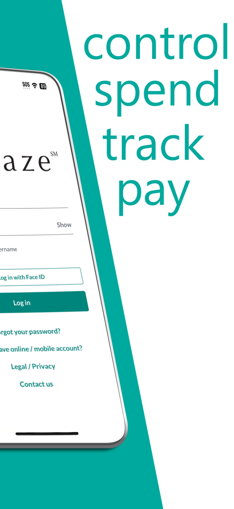 Blaze Mastercard Mobile - Login screen of the Blaze Mastercard Mobile app with the words control spend track pay