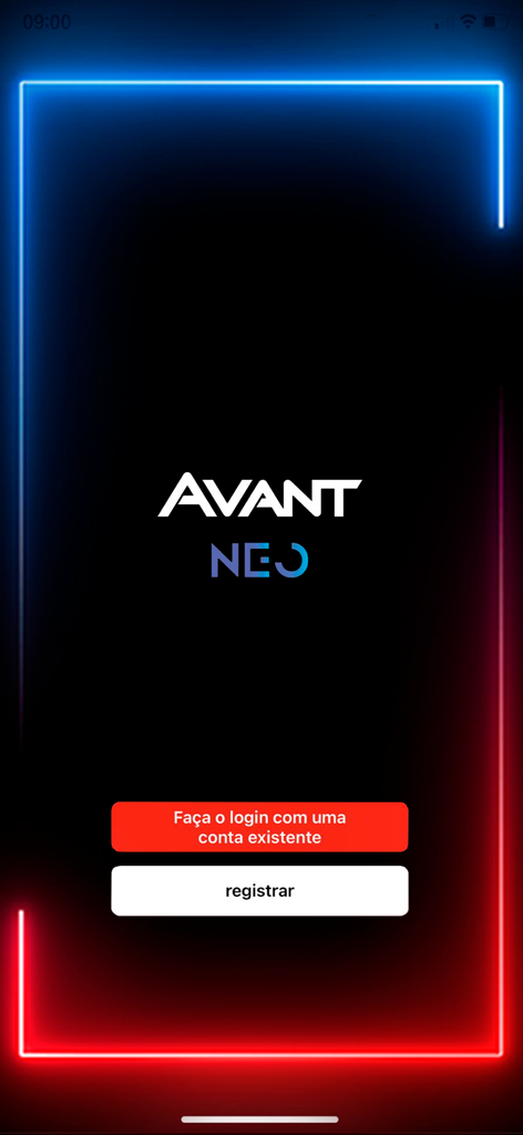 Neo Avant - Tela de login do aplicativo de iluminação inteligente Neo Avant, apresentando bordas de neon e opções de registro.