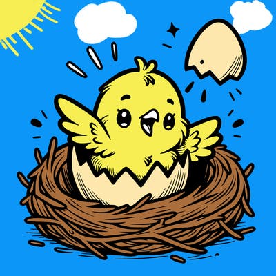 a baby chick hatching from an egg in a nest
