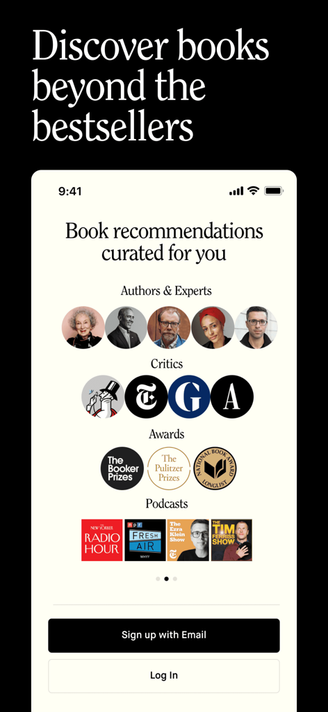 Tertulia - Pantalla de la aplicación Tertulia mostrando recomendaciones de libros curadas por autores, críticos, premios y podcasts.