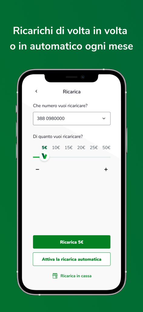 Very Mobile - Interfaccia dell'app Very Mobile che mostra le opzioni per ricaricare il credito telefonico manualmente o automaticamente