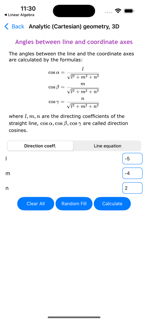 ALG Math Solver - Screenshot of the ALG Math Solver app showing a 3D analytic geometry calculator for angles between a line and coordinate axes with direction cosine formulas and input fields.