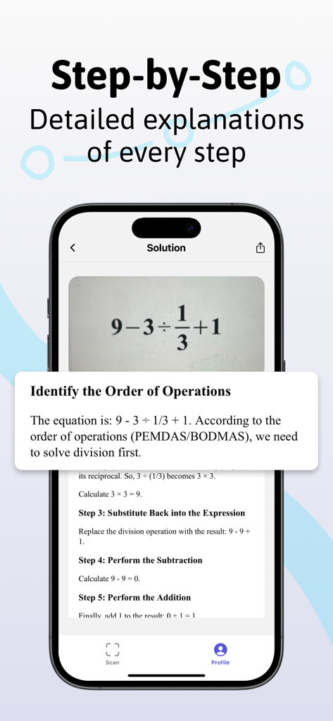 Homework Helper & Question Ai - Pantalla del smartphone mostrando una solución paso a paso de un problema matemático usando el orden de las operaciones en la aplicación Homework Helper
