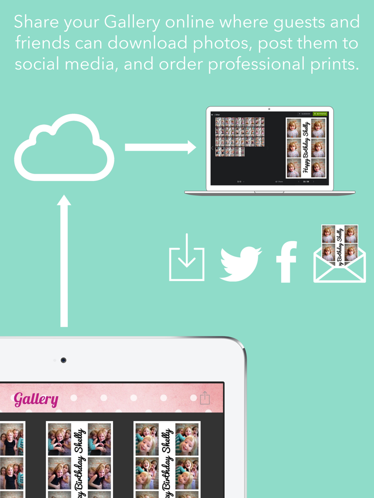 Pocketbooth Party 포토 부스 앱의 클라우드 갤러리 및 소셜 미디어 공유 기능