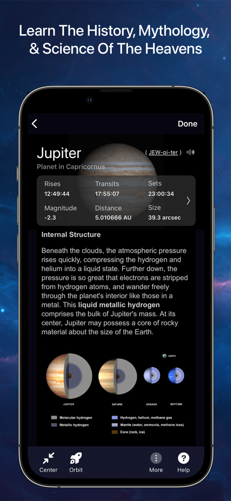 SkySafari 7 Plus - SkySafari 7 Plus app showing Jupiter astronomical data and internal planet structures.