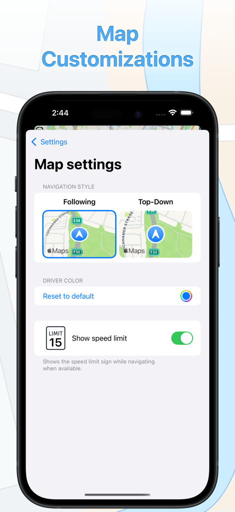 Schermata delle impostazioni della mappa nell'app Mappe Camion Navigazione che mostra le opzioni di stile di navigazione e l'interruttore dei limiti di velocità