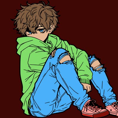 a male hoddie ripped jeans messy hair anime