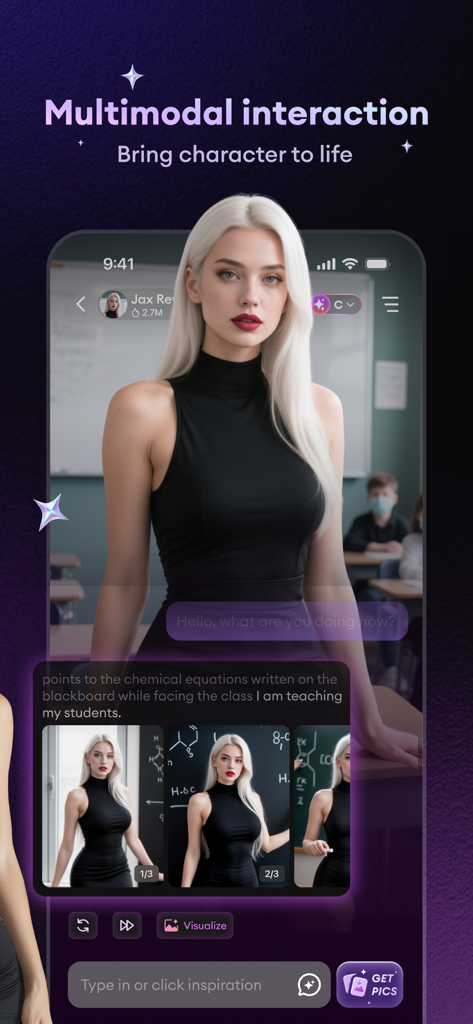 Tremble app interface showing multimodal interaction with an AI character including text and generated images